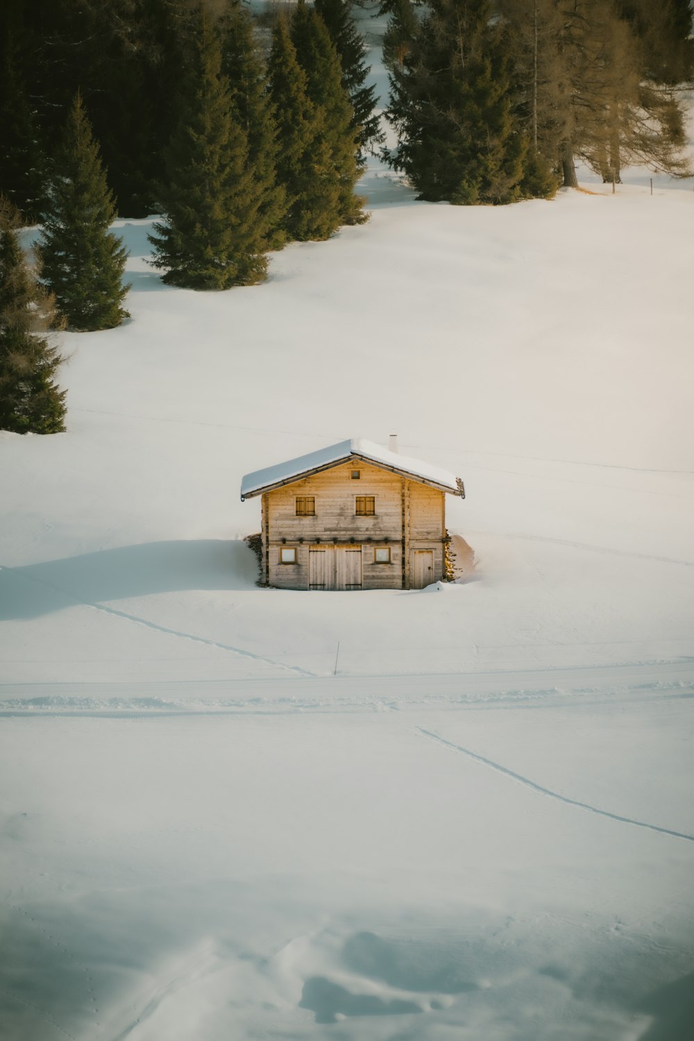 a small cabin in the middle of a snowy field