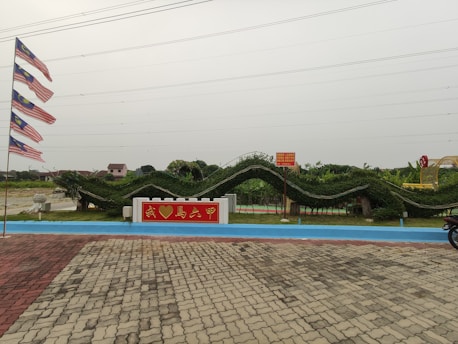 A decorative green dragon made from shrubs is displayed prominently in an outdoor landscaped area. Multiple Malaysian flags are mounted on poles and wave in the wind on the left side of the image. In the background, there is a yard with a few buildings and open land. The foreground consists of a paved area with interlocking tiles, transitioning to a small blue pathway.