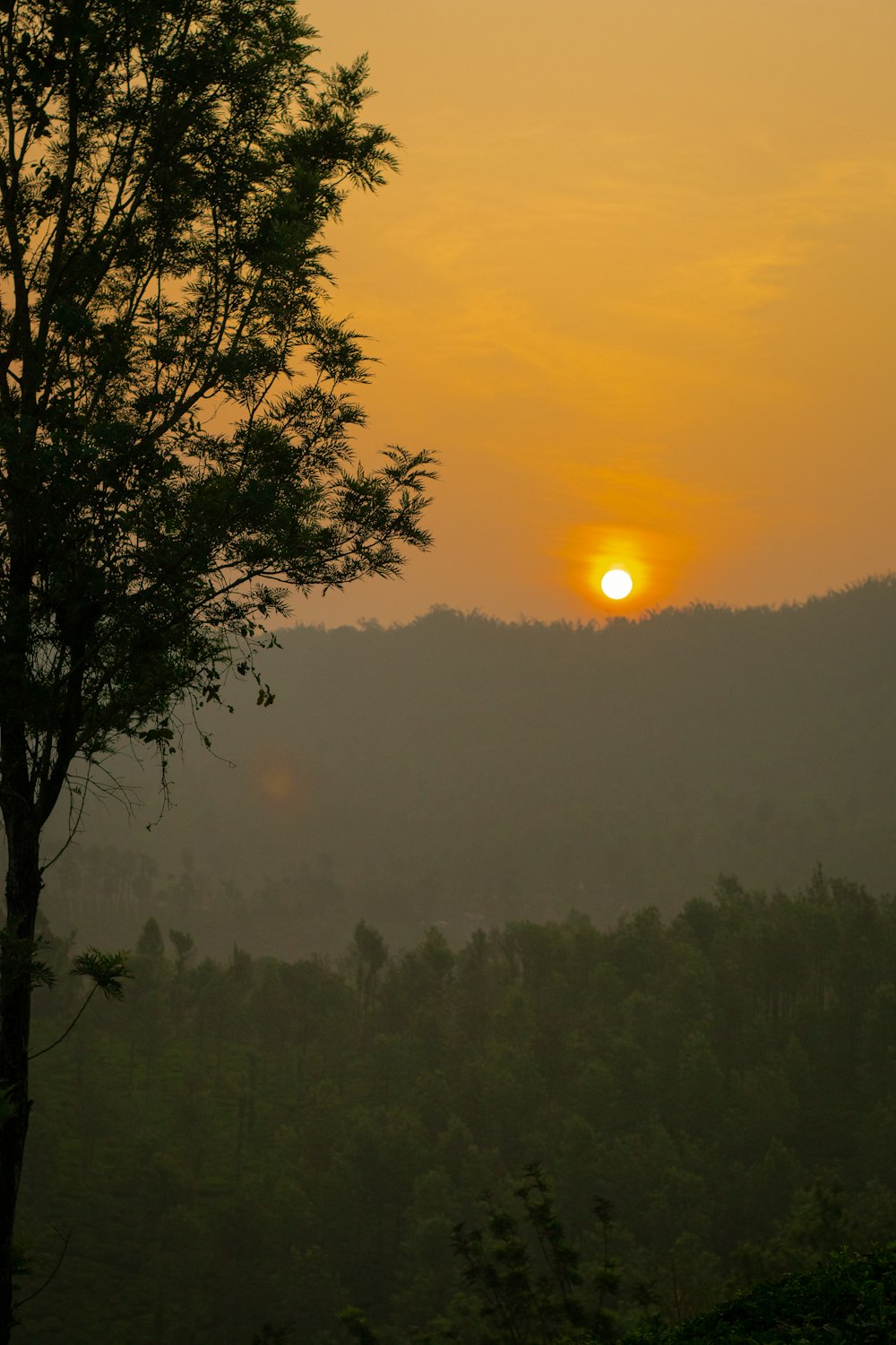 the sun is setting over a mountain range