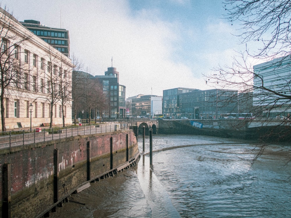 a river running through a city next to tall buildings