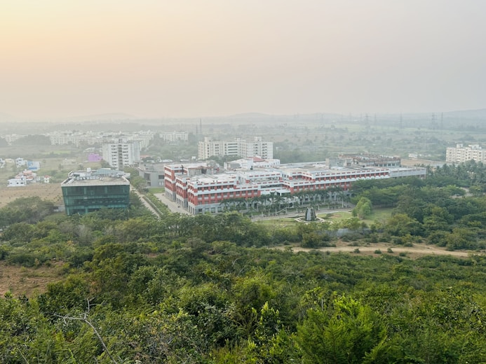 A panoramic view of the institute’s modern facilities buzzing with creative energy.