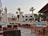 A luxurious outdoor pool area surrounded by numerous lounge chairs and umbrellas. The setting includes palm trees, a well-maintained garden, and a building with an arched facade in the background. The environment suggests a serene and relaxing atmosphere, indicative of a resort or high-end residential space.