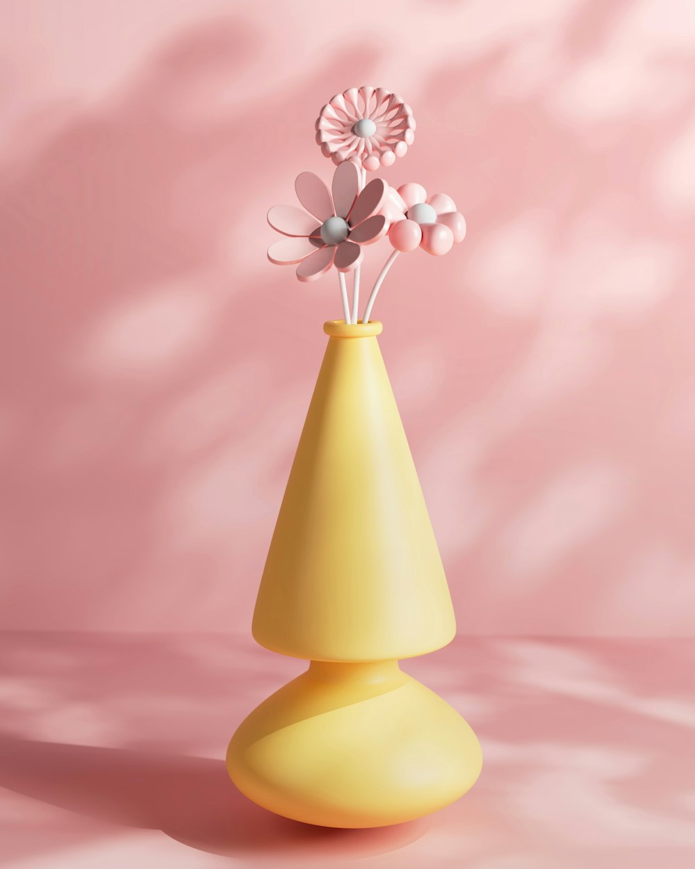 a yellow vase with flowers in it on a pink background
