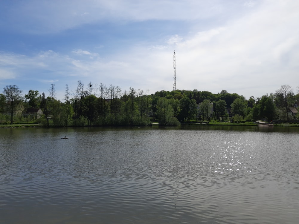a body of water surrounded by trees and a radio tower