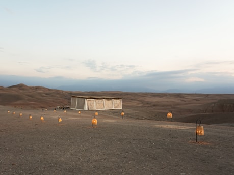 A serene desert landscape at dawn with soft golden light illuminating minimalist wellness products arranged on natural stone.