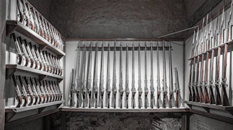 Display of new and used firearms arranged neatly against a dark wood backdrop.