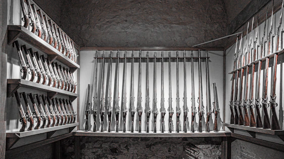A sleek, dark-themed tactical workspace with firearms neatly displayed against a black and dark green backdrop.