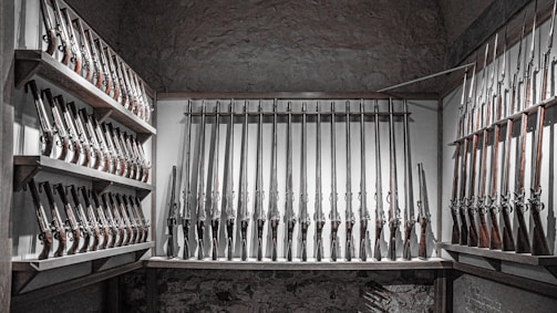 A room displaying a collection of rifles neatly arranged on walls and shelves. The interior is dimly lit, highlighting the metallic barrels and wooden stocks of the firearms.