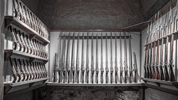 A room displaying a collection of rifles neatly arranged on walls and shelves. The interior is dimly lit, highlighting the metallic barrels and wooden stocks of the firearms.