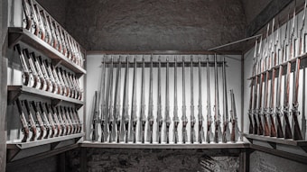A room displaying a collection of rifles neatly arranged on walls and shelves. The interior is dimly lit, highlighting the metallic barrels and wooden stocks of the firearms.