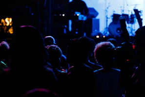 A moody, cinematic shot of a live music performance under deep blue and graphite lighting.