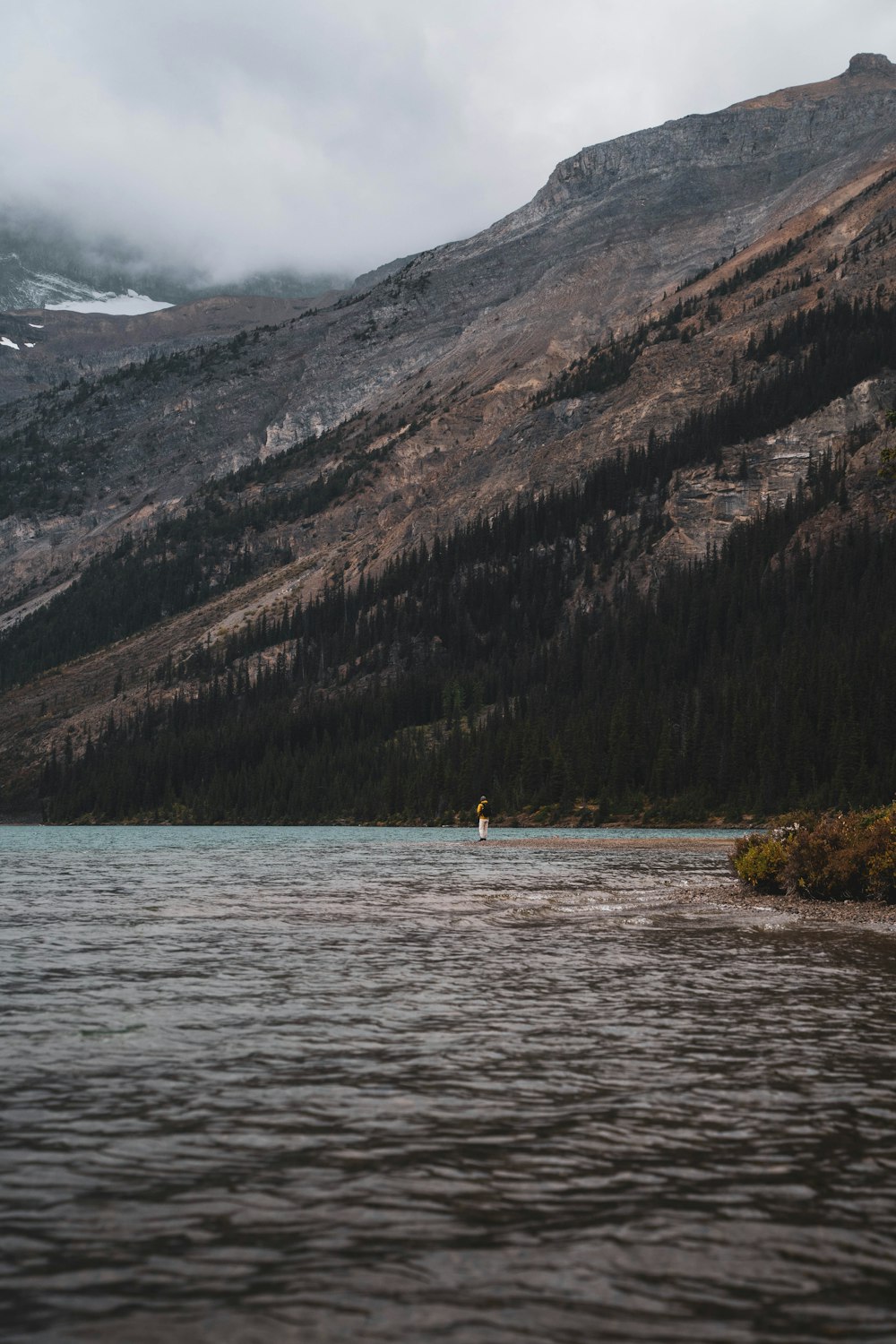 a person standing in the water in front of a mountain