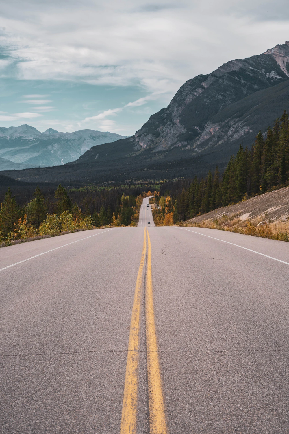 The Icefields Parkway running straight toward the mountains