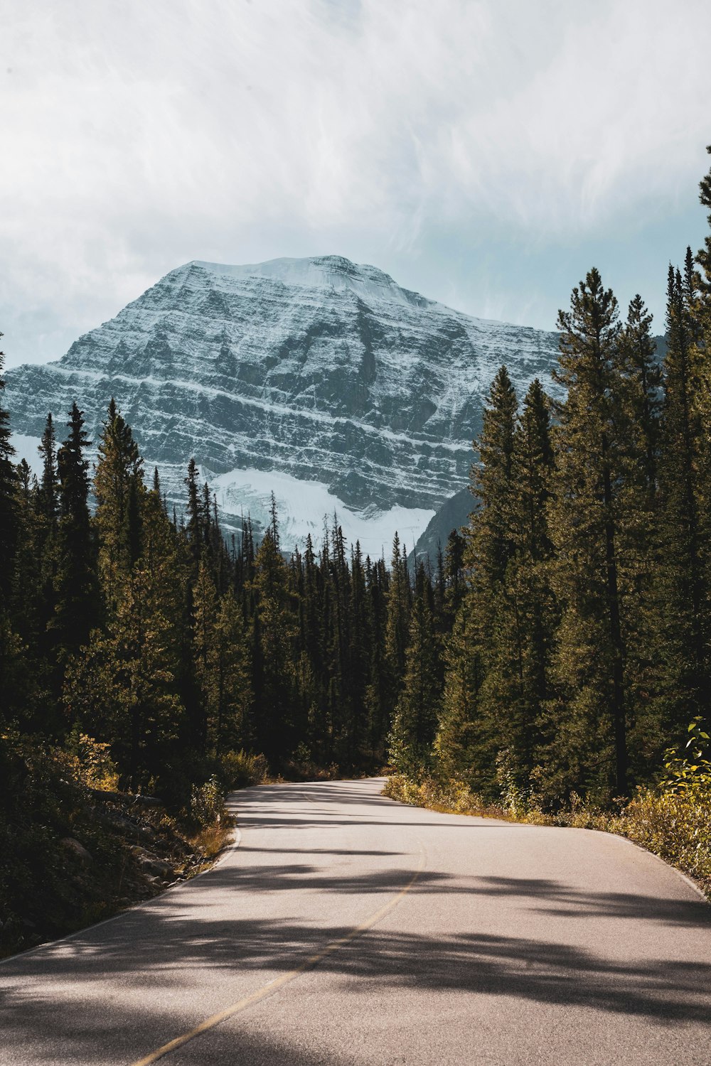 a road with a mountain in the background