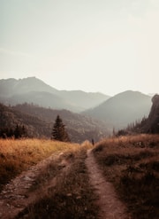 two people walking down a trail in the mountains