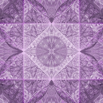 A symmetrical and intricate design with fractal patterns in shades of purple. The central motif resembles a mandala with radial symmetry and detailed textures, creating a sense of depth and complexity.