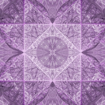 A symmetrical and intricate design with fractal patterns in shades of purple. The central motif resembles a mandala with radial symmetry and detailed textures, creating a sense of depth and complexity.