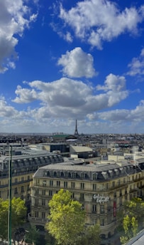A panoramic view of Paris blending historic architecture with green urban spaces.