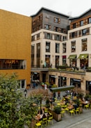 A bustling commercial area with shops and offices.