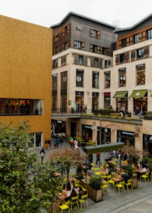 A bustling commercial area with shops and offices.