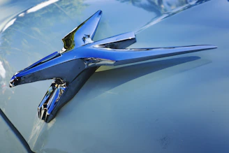 A close-up of a gleaming vintage car hood ornament reflecting the surrounding crowd and sunlight.