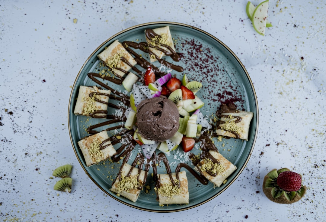 Chocolate Ice Cream Dessert with Fruit and Wafers