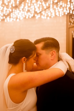 An intimate moment between the bride and groom.