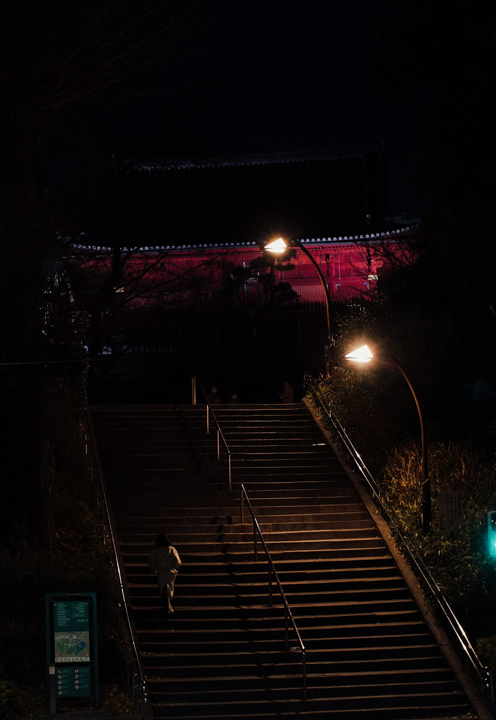 a person walking up a set of stairs at night