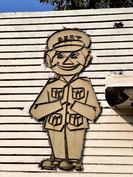 A stylized drawing of a smiling person wearing a uniform with a hat labeled 'BEST' is displayed on a textured, horizontal slatted surface. The figure has exaggerated facial features and is in a greeting posture with hands together.