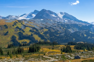 a view of a mountain range with trees in the foreground