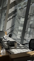 Professional cleaner wiping down an office desk with natural light streaming in.