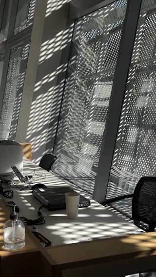 A professional cleaner carefully wiping down a sleek office desk with a microfiber cloth, sunlight streaming through the window.