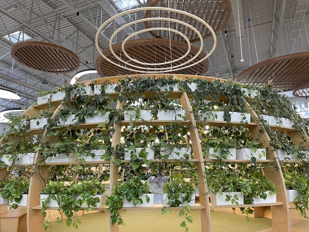 A large, indoor structure with wooden frames supports numerous potted plants arranged in a circular, tiered formation, thriving under a bright, industrial ceiling with wooden circular ceiling panels.