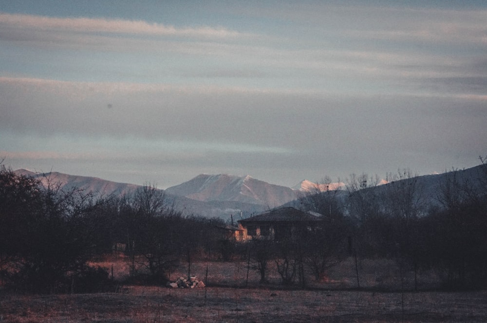 a house in a field with mountains in the background