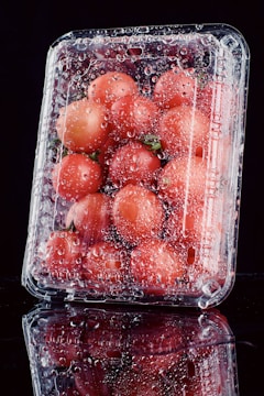 a plastic container filled with lots of tomatoes