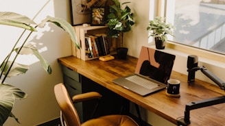 a desk with a laptop and a potted plant
