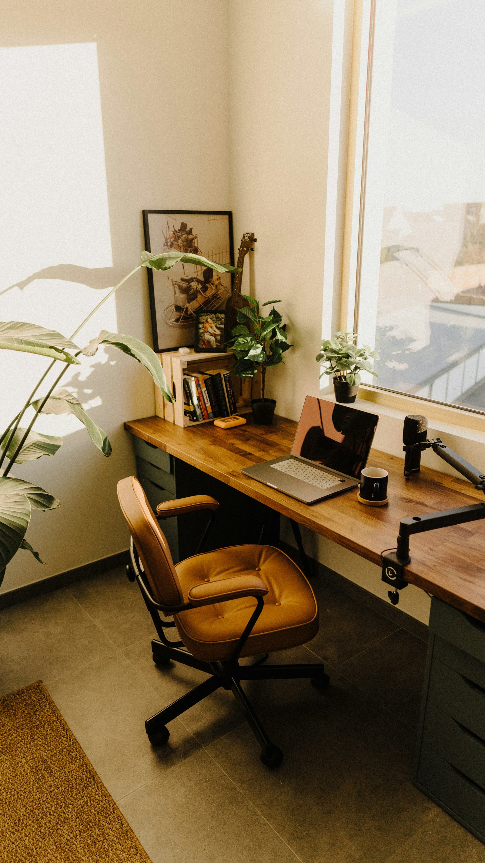 Bright home office desk where blog posts are written