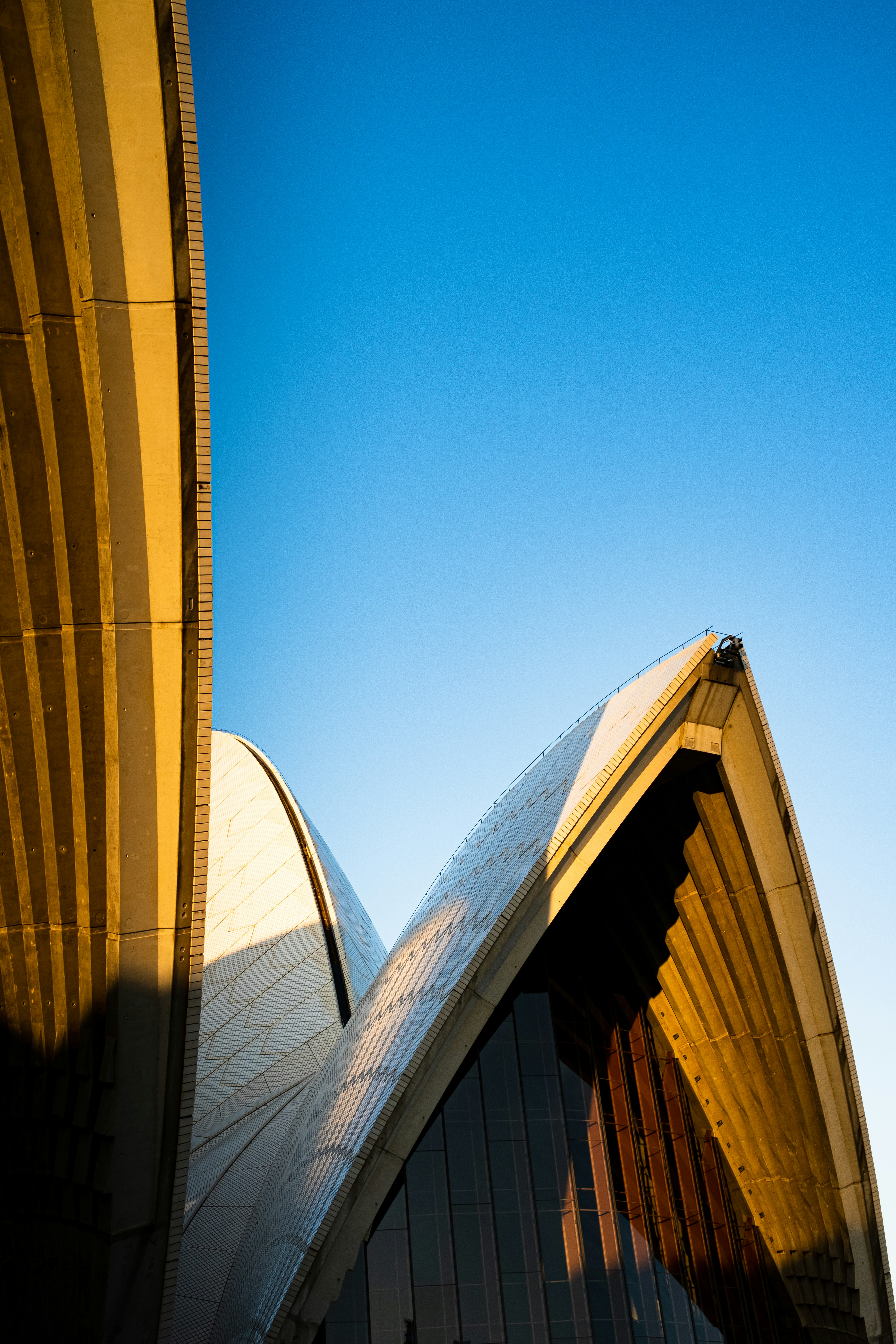 Architectural design with curved, overlapping structures set against a clear, blue sky. The building features a combination of smooth and textured surfaces, with distinct shadows cast by the sun.