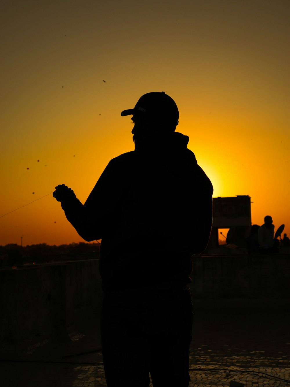 a silhouette of a man holding a kite at sunset