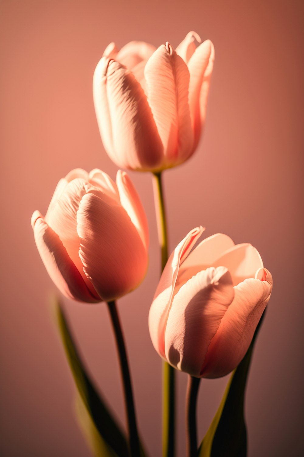 three pink tulips in a vase on a table