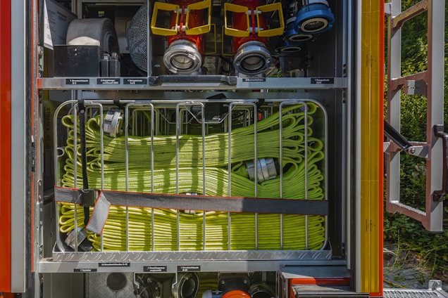 Compartment of a fire truck with neatly stored firefighting equipment. There are several coiled hoses secured in the middle section with other firefighting tools such as hose nozzles and valves visible above. The compartment is well-organized with each piece of equipment in its designated place.