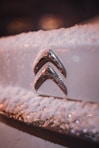 the emblem of a car covered in snow