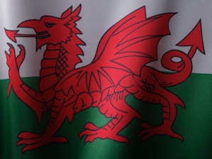 A red dragon with an extended tongue and detailed wings set against a background of white and green horizontal stripes. The dragon appears to have a fierce expression, depicted with sharp claws and a spiked tail.