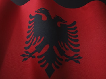 a close up of a red and black flag
