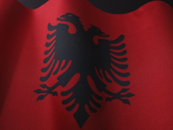a close up of a red and black flag