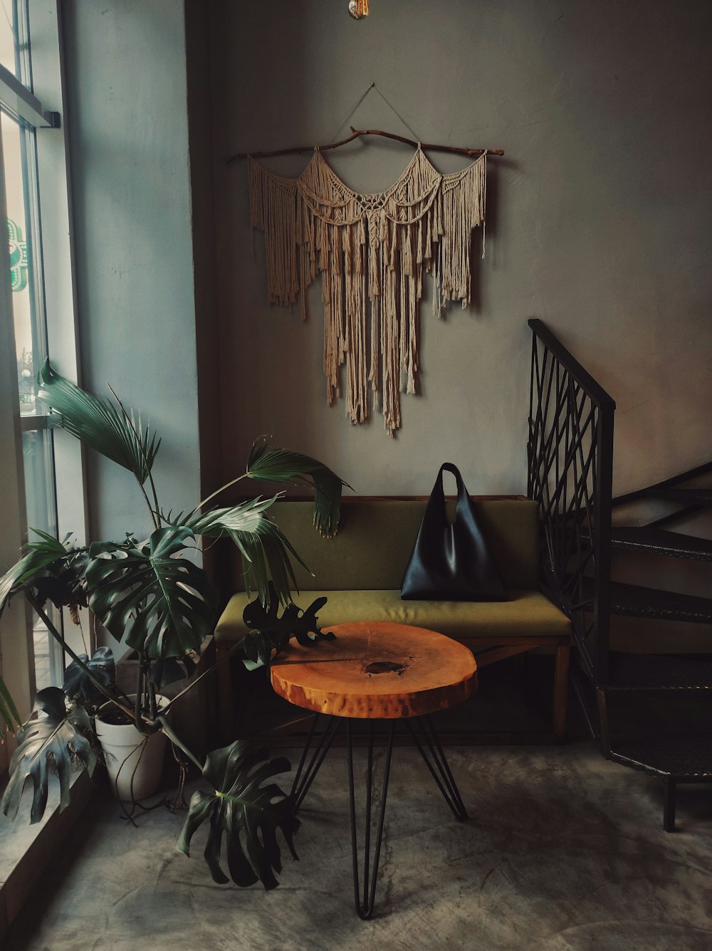 a living room with a couch and a table