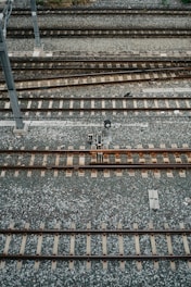 an overhead view of a train track with multiple sets of train tracks