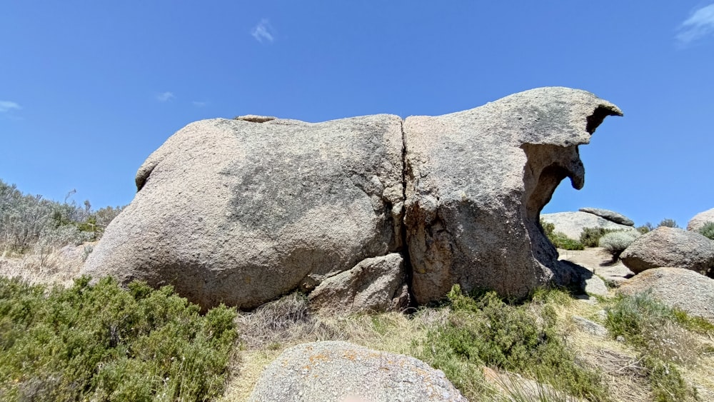 Ein großer Felsen mitten auf einem Feld