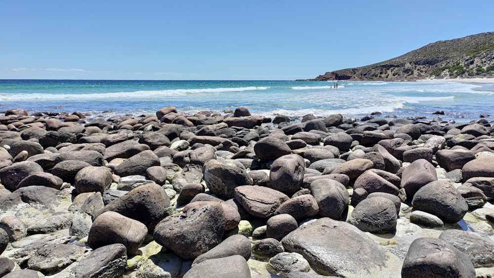 a rocky beach with a body of water in the background