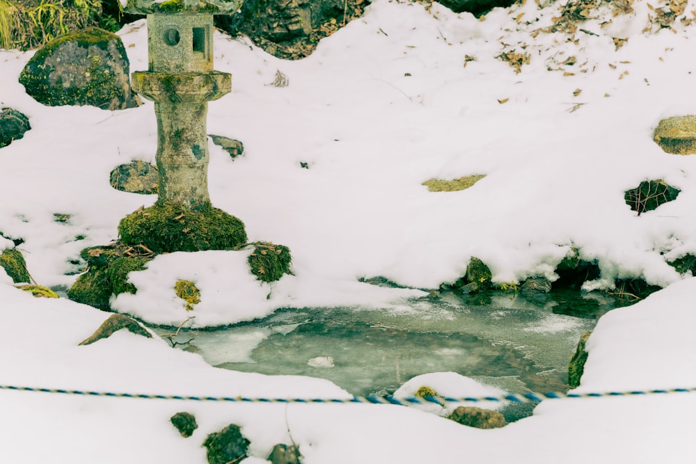 Ein Vogelhaus im Schnee neben einem Teich